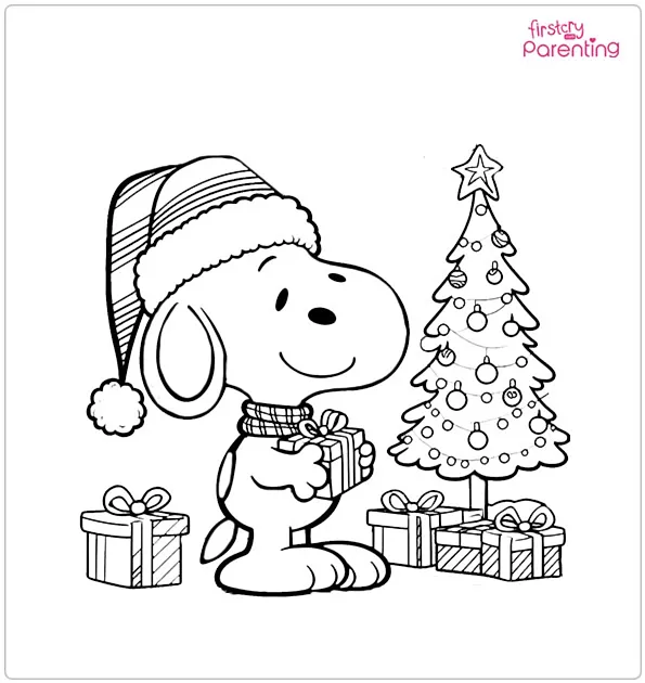 Snoopy at Christmas Coloring Page
