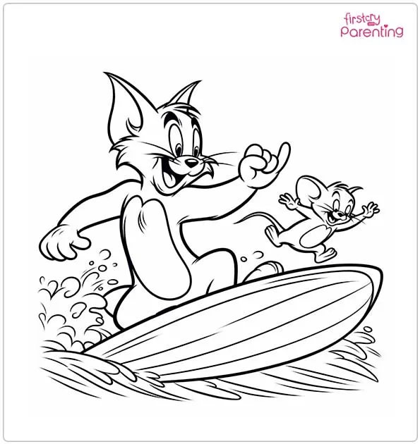 Tom and Jerry Surfing Coloring Page