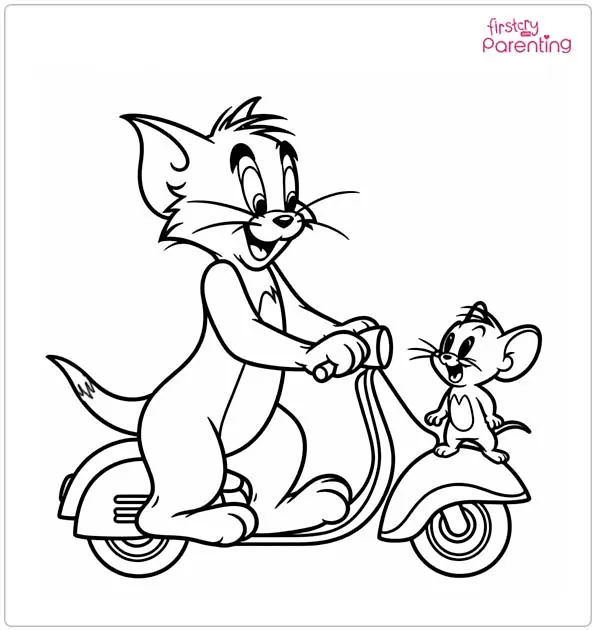 Tom and Jerry Playing Scooter Coloring Page