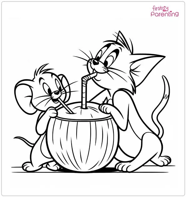 Tom and Jerry Drinking a Coconut Cocktail Coloring Page