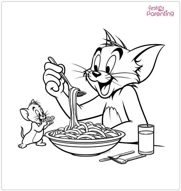 Tom and Jerry Eating Pasta Coloring Page