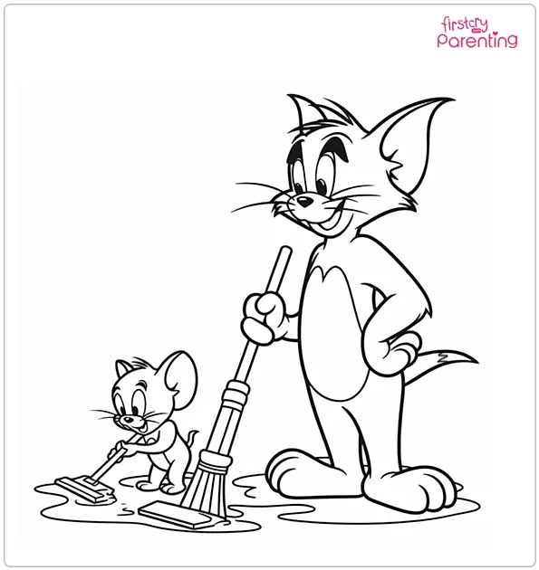 Tom and Jerry Cleaning the Floors Coloring Page
