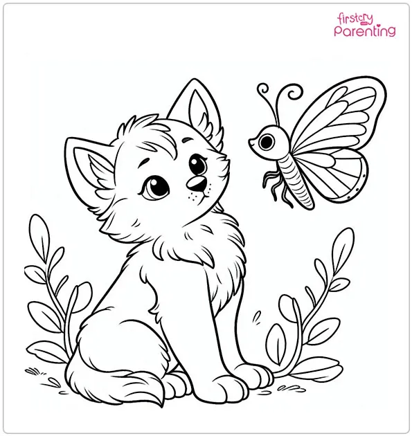 Wolf Pup and Butterfly Coloring Page
