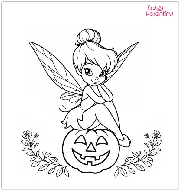 Tinker Bell Sitting On Jack O' Lantern Coloring Page