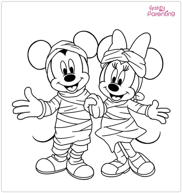 Mickey and Minnie in Mummy Costumes Coloring Page