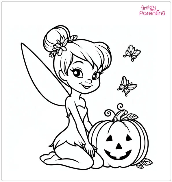 Tinkerbell Holds a Jack O' Lantern Coloring Page