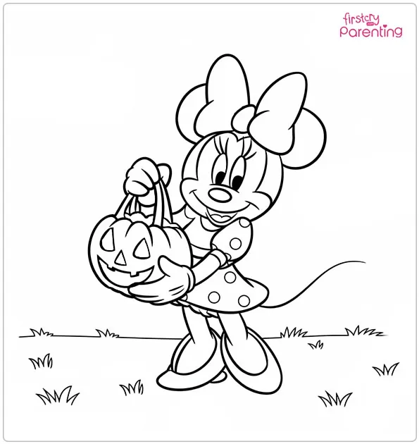Minnie Mouse Holds a Pumpkin Bag Coloring Page