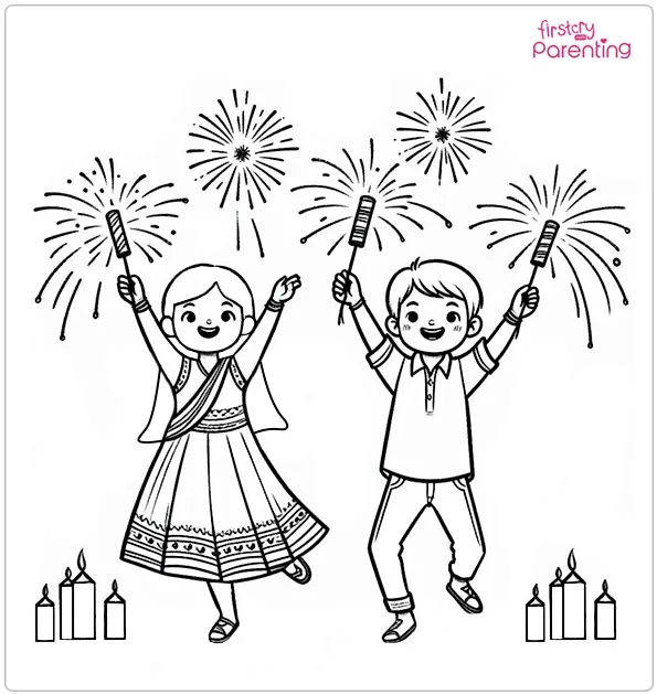 Children Bursting Firecrackers Diwali Coloring Page