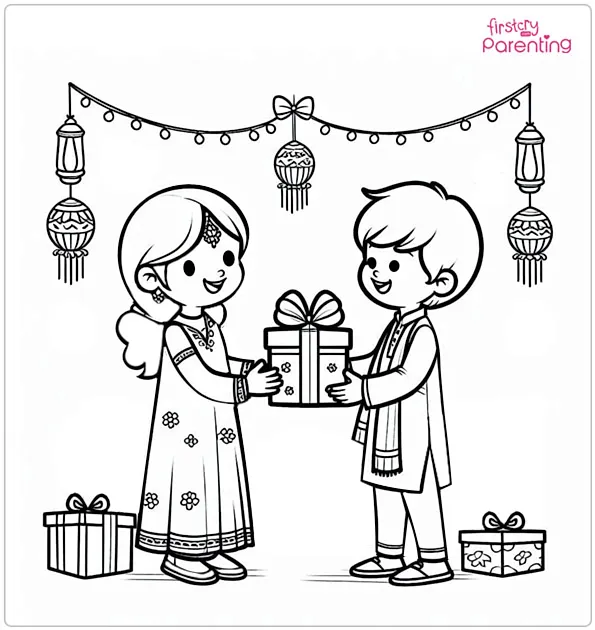 Children Exchanging Gifts Diwali Coloring Page