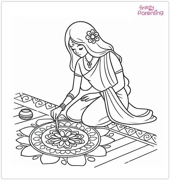 Woman Making Rangoli Diwali Coloring Page