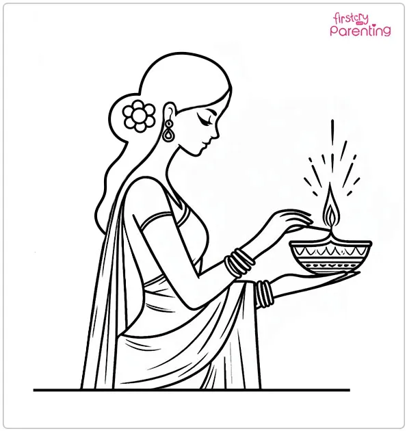 Women Lighting Lamps for Diwali Festival Coloring Page