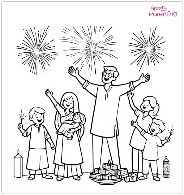 Family Celebrating Diwali and Bursting Crackers Coloring Page