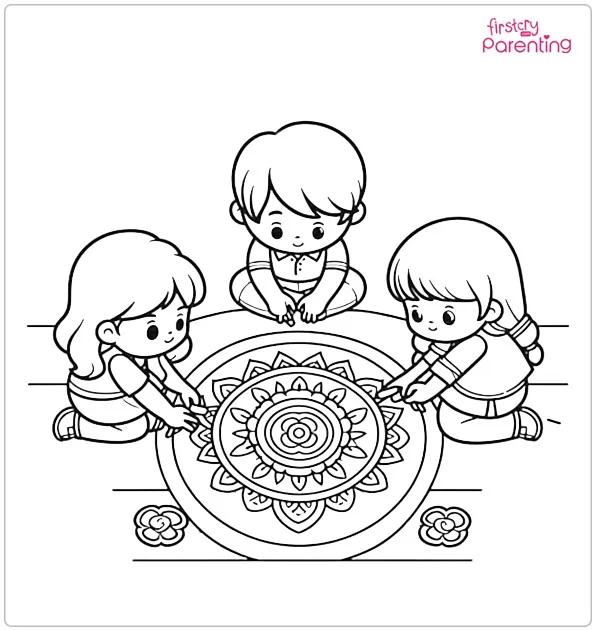 Kids Enjoying Sparklers on Diwali Coloring Page