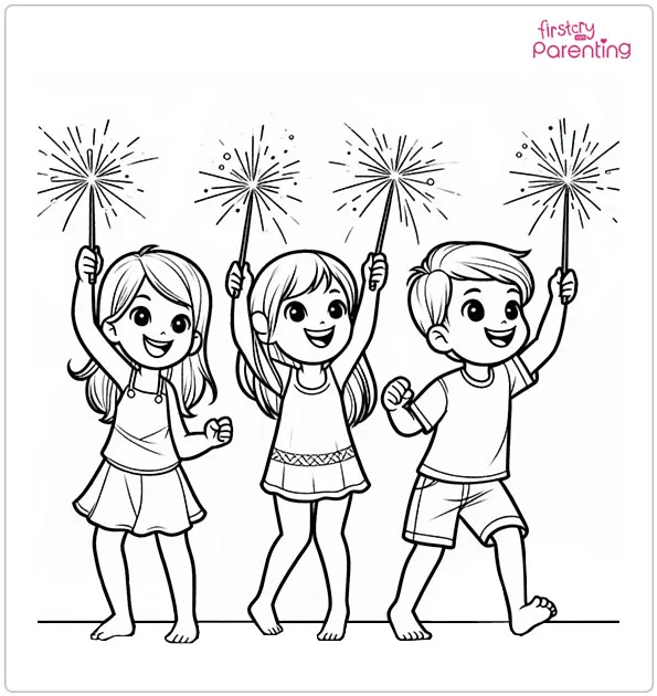 Kids Enjoying Sparklers on Diwali Coloring Page