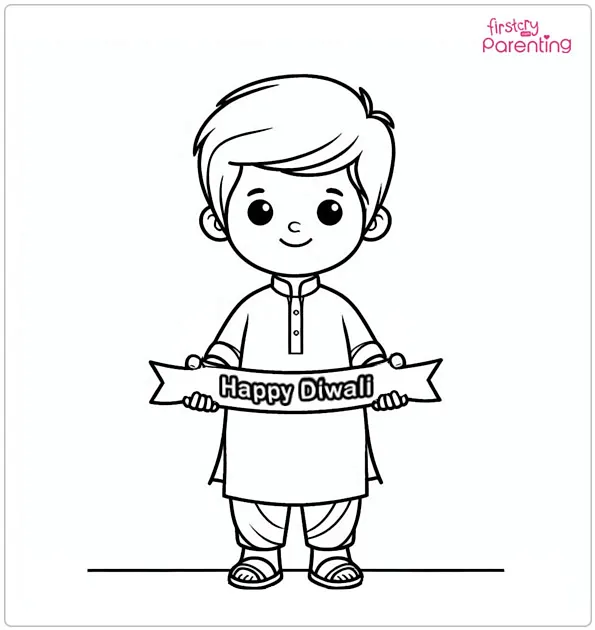 Child with Happy Diwali Banner Coloring Page
