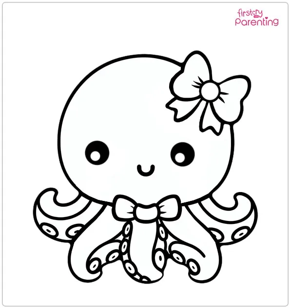 Kawaii Octopus with a Bow Coloring Page