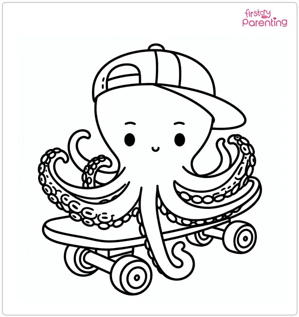 Octopus on a Skateboard Coloring Page