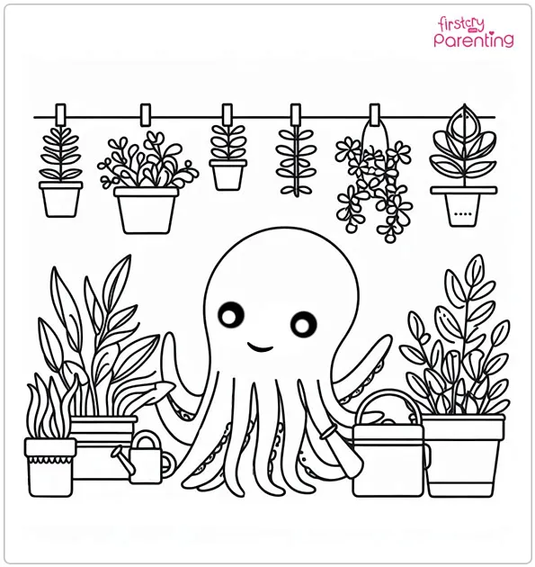 Gardening Octopus with Plants Coloring Page