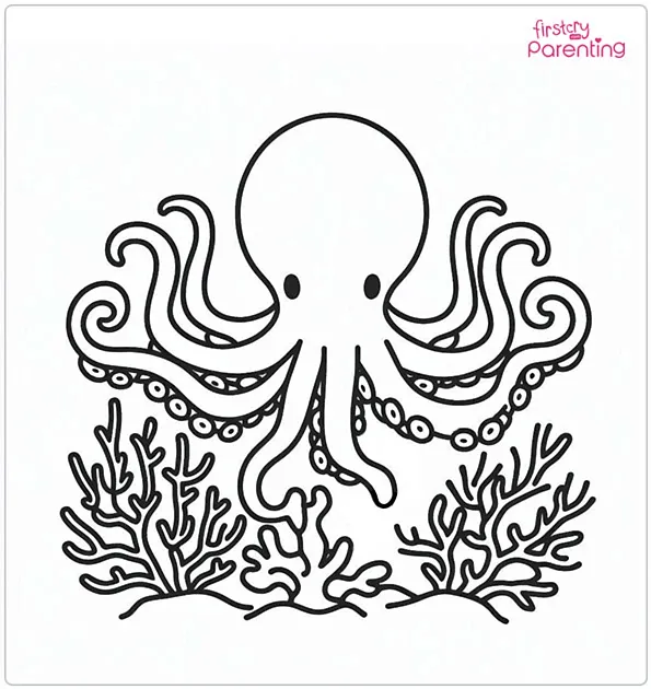 Octopus on Coral Coloring Page