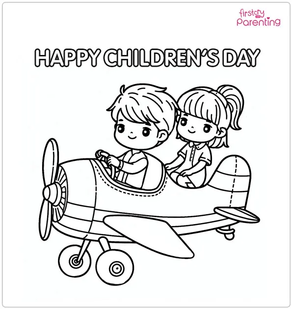 Boy Carrying Girl on Plane Coloring Page