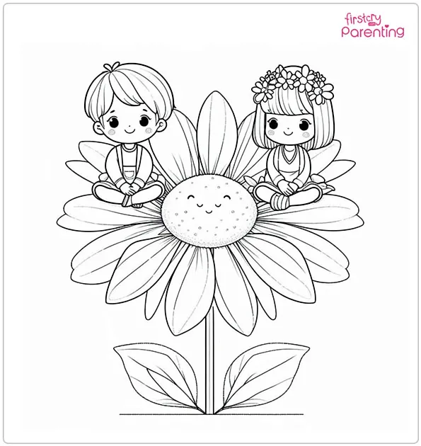 Children on Flowers Coloring Page