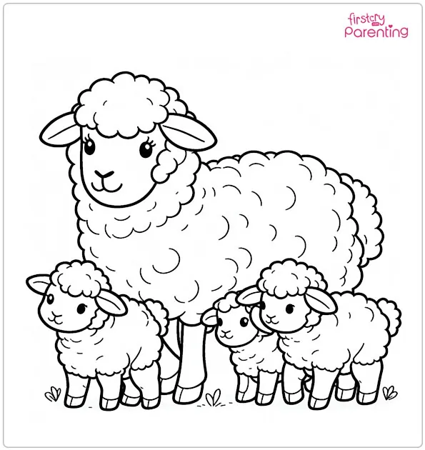 Mother Sheep with Lambs Coloring Page