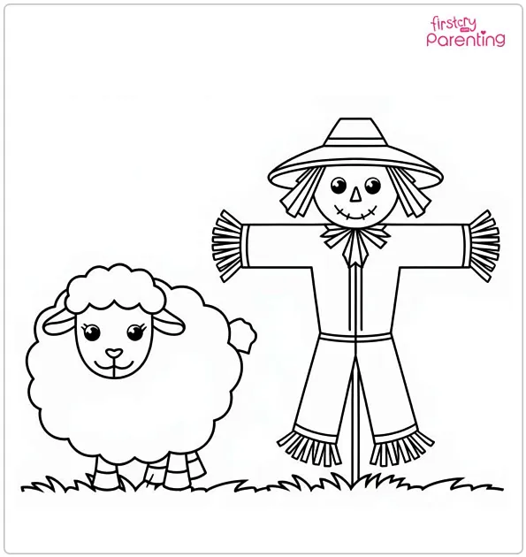 Sheep and a Scarecrow Coloring Page