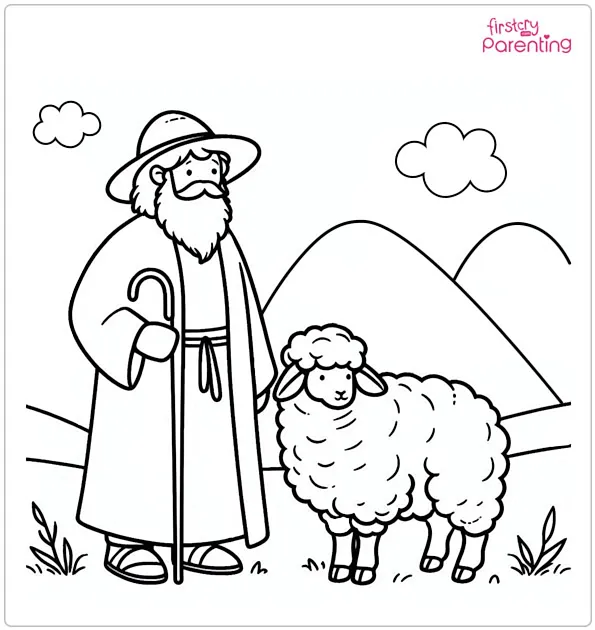Shepherd with Sheep Coloring Page