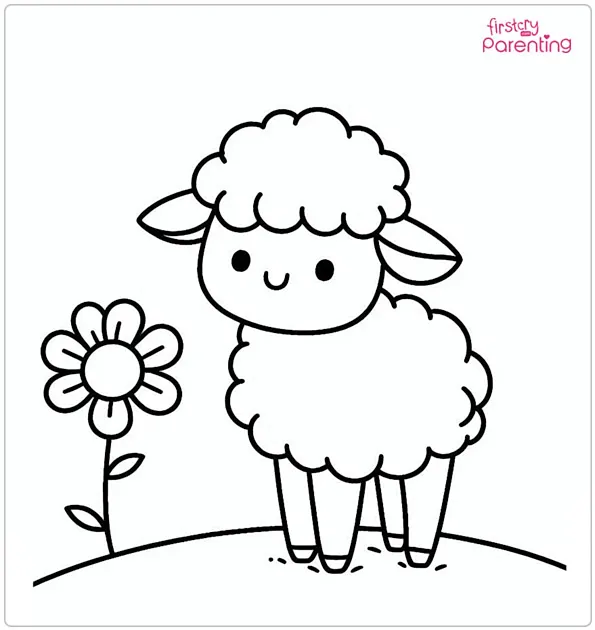 Little Sheep with a Flower Coloring Page