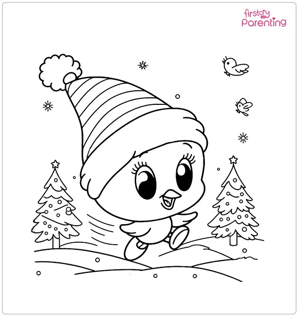 Tweety Bird in the Christmas Hat Colouring Page