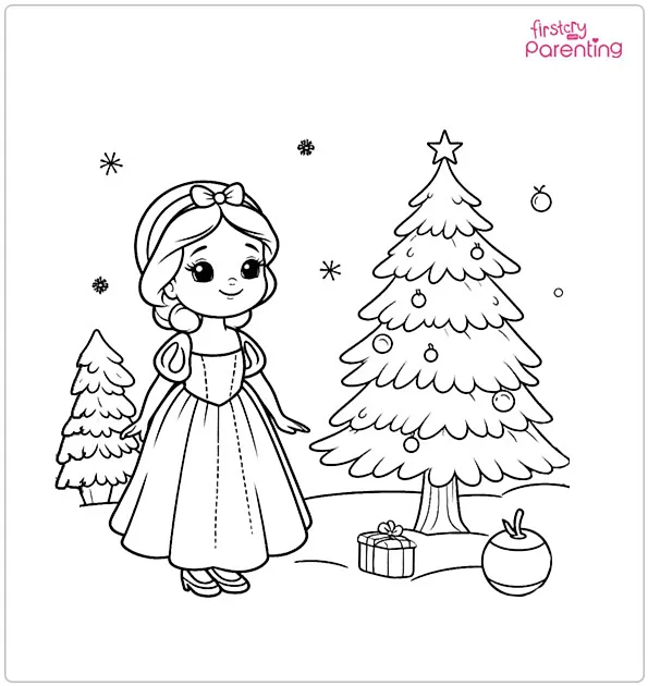 Snow White with Christmas Tree Colouring Page