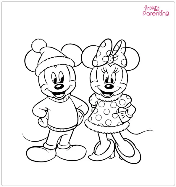 Mickey and Minnie on Christmas Colouring Page