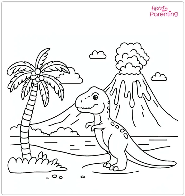 T-Rex Near a Volcano Coloring Page