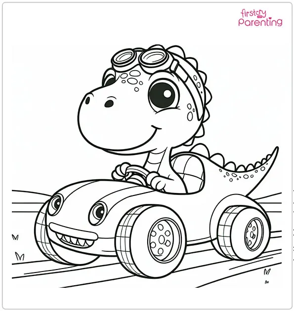 T-Rex in a Race Car Coloring Page