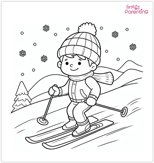 Boy Skiing In Winter Coloring Page