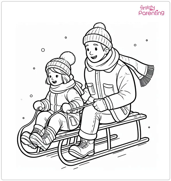 Father And Son Riding Sled In Winter Coloring Page