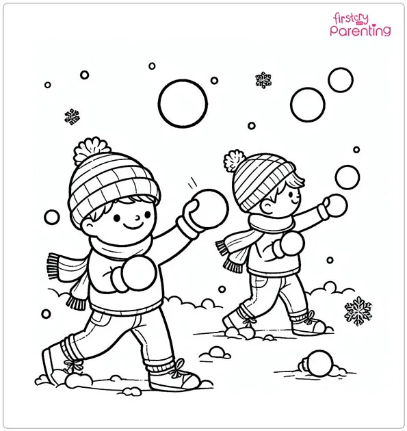 Children Throwing Snowballs Coloring Page