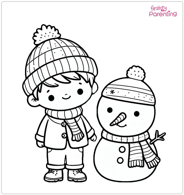 Little Boy and Snowman Coloring Page