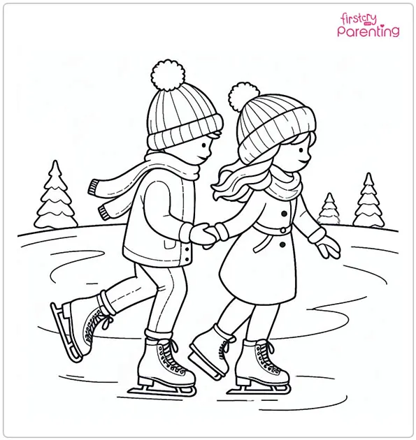 Two Friends Ice Skating in Winter Coloring Page