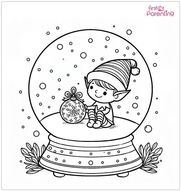 Winter Snow Globe With Elf Coloring Page
