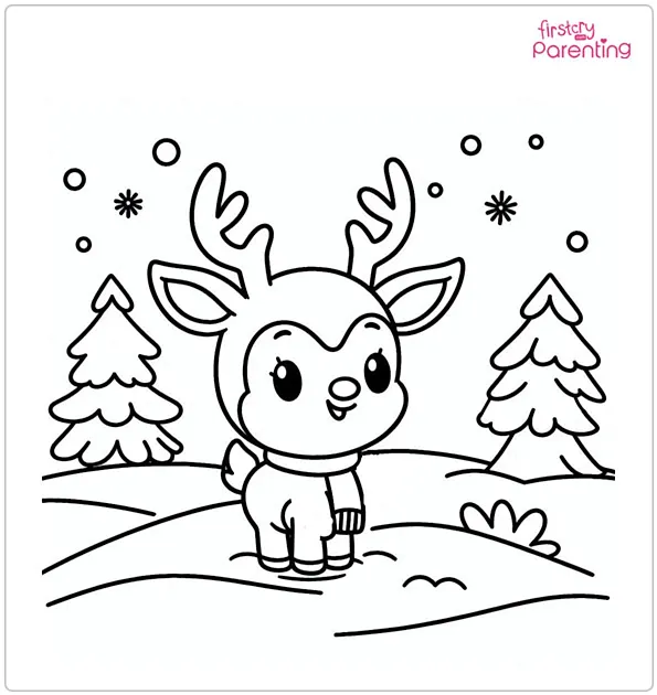Cartoon Rudolph In Snowy Landscape Coloring Page