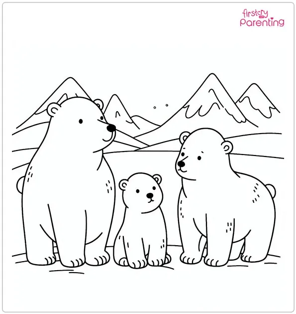 Polar Bear Family in Winter Coloring Page