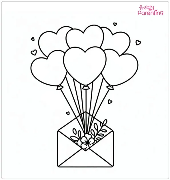 Heart Balloons Attached To Letter Coloring Page