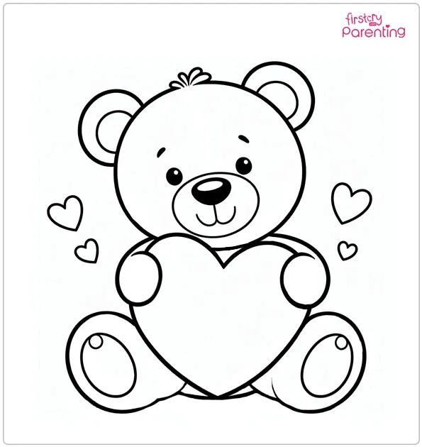 Teddy Bear Hugging Heart Coloring Page