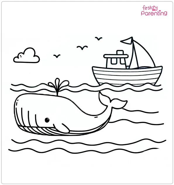 Whale And a Boat Coloring Page
