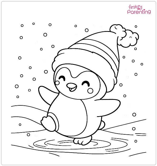 Christmas Penguin Dancing in Snow Colouring Page