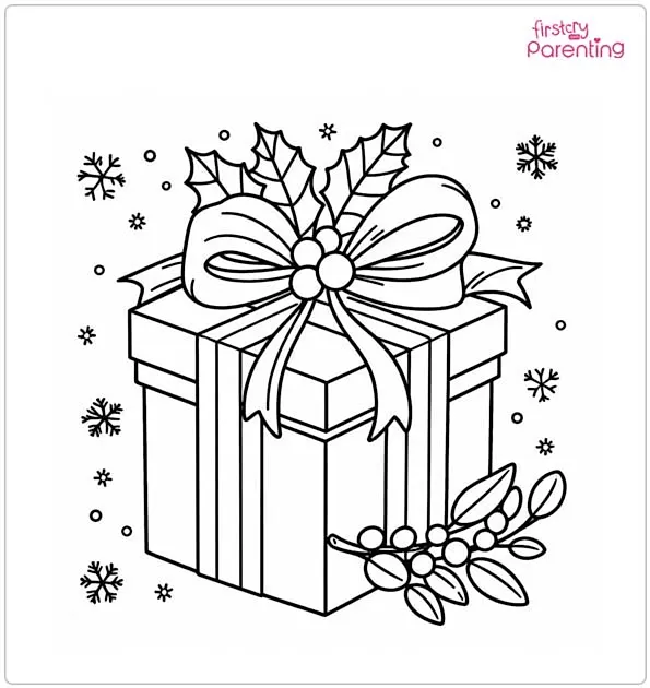 Christmas Present with Bow and Mistletoe Colouring Page