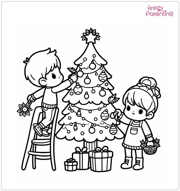 Kids Decorating the Tree Colouring Page