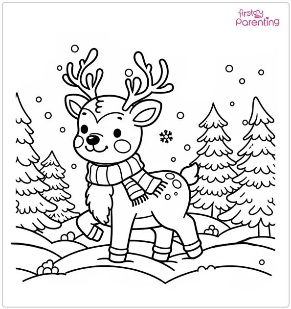 Reindeer in Snowy Forest Colouring Page