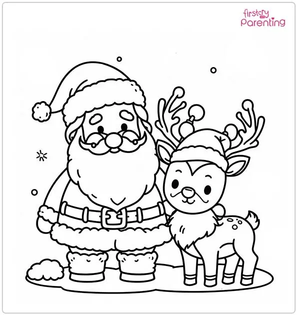 Santa and Rudolph on Christmas Day Colouring Page